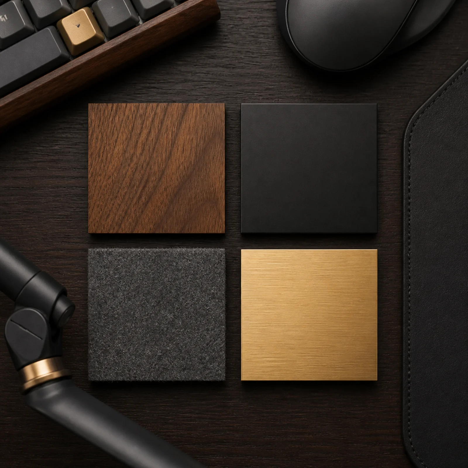 Walnut, matte black, felt and brushed metal material samples