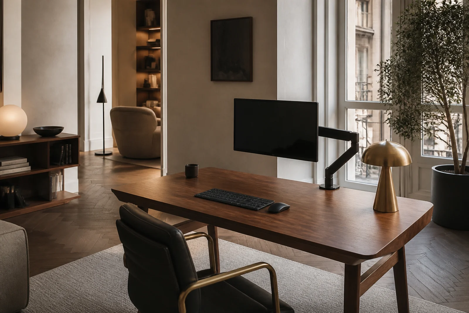 Refined walnut workspace in a Milan studio