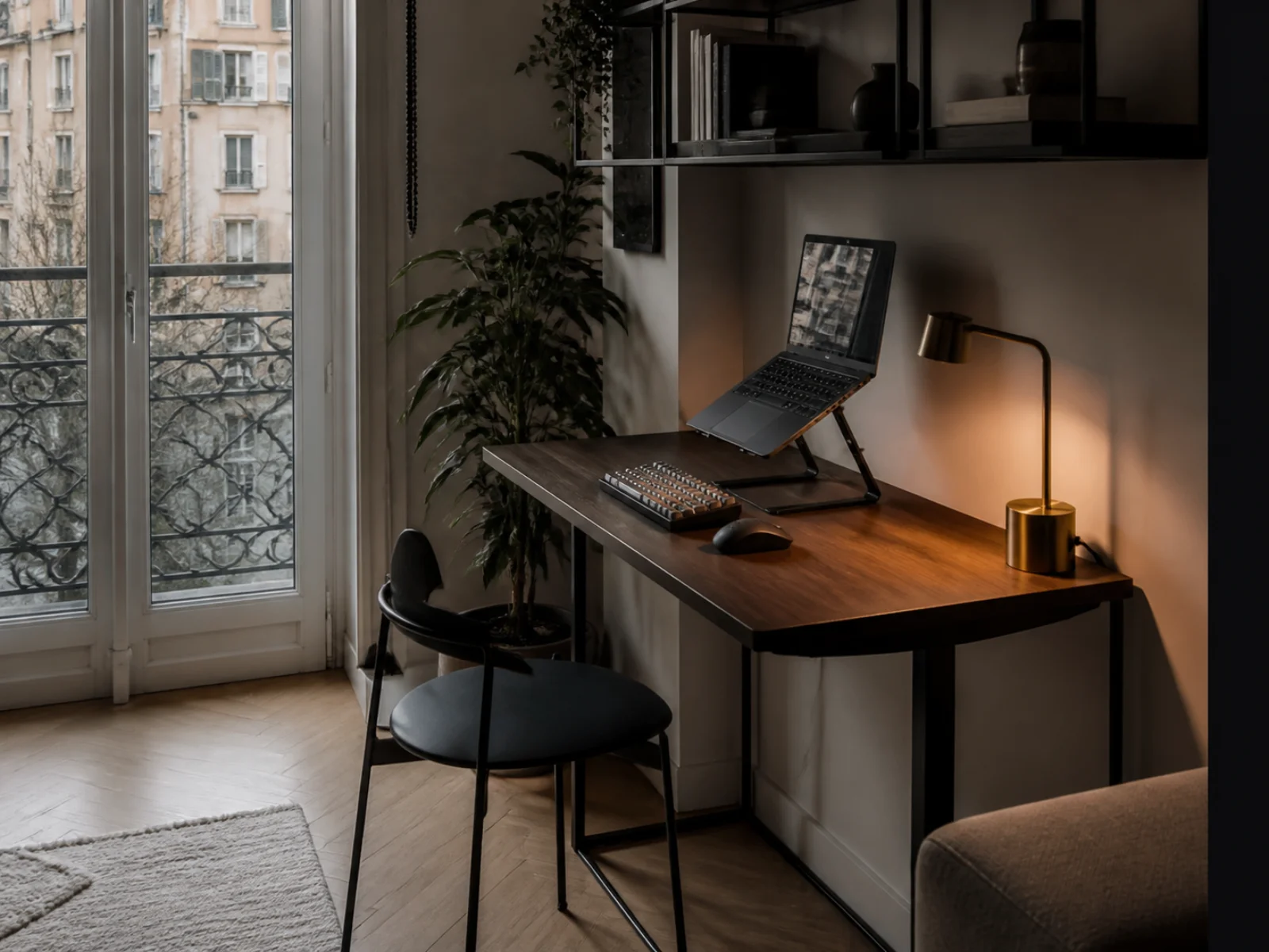 Narrow organized desk in a Milan studio